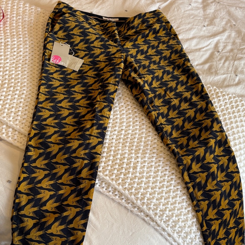 Boden Mustard and Navy Bird Print Pants